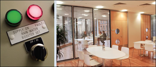 North Star Controls ( left) affecting the building's rainwater supply; extensive use of glazed surfaces (right) reduces the building's electrical lighting requirement