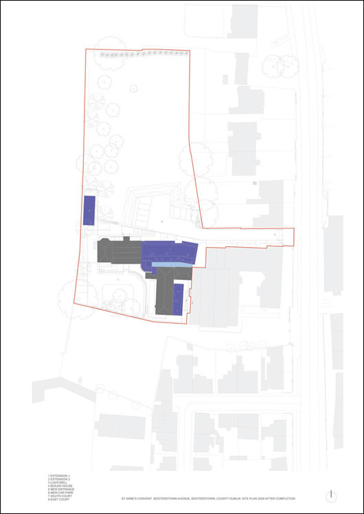 An architect's drawing of the site, showing new (blue) and historic (grey) buildings An architect's drawing of the site, showing new (blue) and historic (grey) buildings