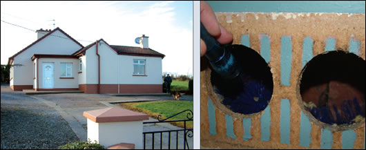 (left) Usher Insulation pumped the cavities of this house in Pullagh, Co Offaly and sealed the holes to leave no trace of the work; (right); a cavity brush used to ensure that the vent hasn't been blocked with insulation. (left) Usher Insulation pumped the cavities of this house in Pullagh, Co Offaly and sealed the holes to leave no trace of the work; (right); a cavity brush used to ensure that the vent hasn't been blocked with insulation.