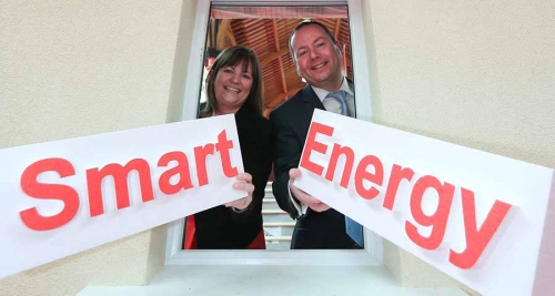 Insulation manufacturer Airpacks’ business development manager Caroline Ashe with SEAI CEO Dr Brian Motherway at the Energy Show 2013